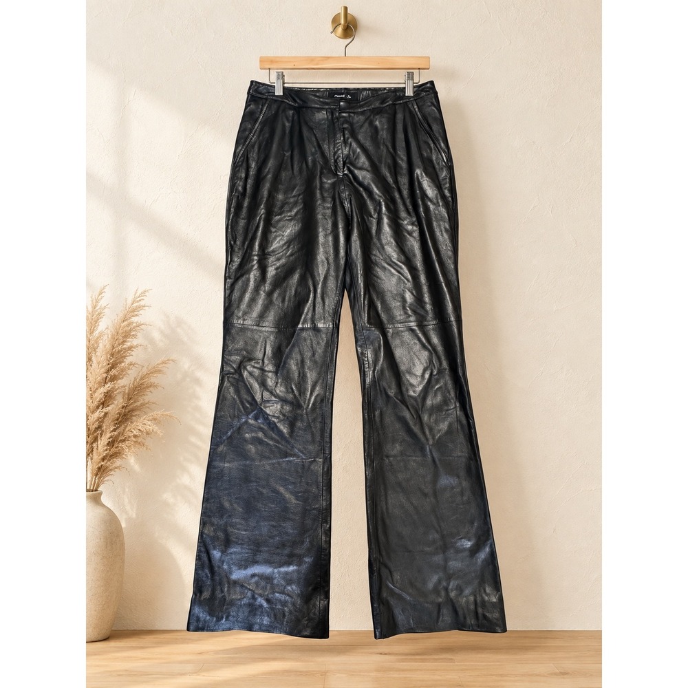 Pasha & Jo Leather Pants Women 14 Black Wide Leg High Rise Quiet Luxury Biker